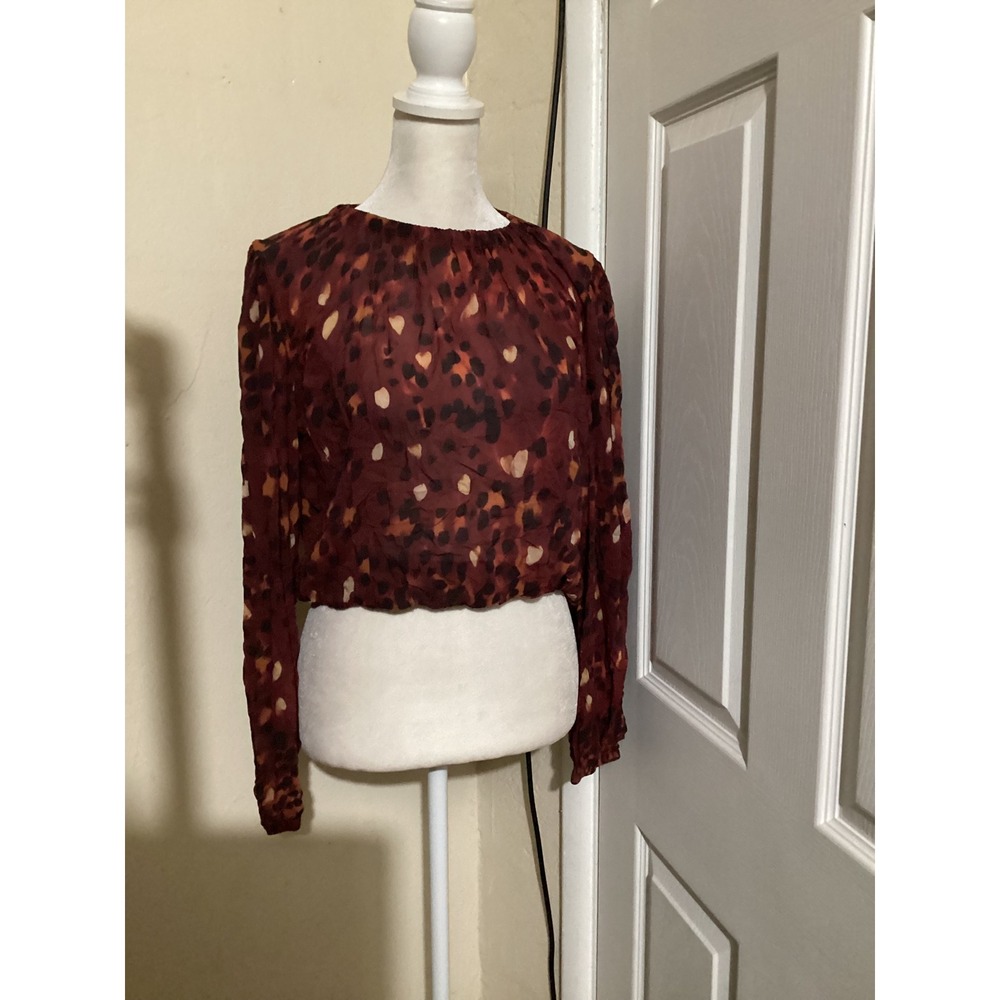 Bella Dahl Women Burgundy Animal Print Long Sleeve Crop Blouse Small 84407-C06